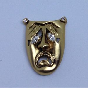 gold tone mask pin/brooch w/ crystal eyes